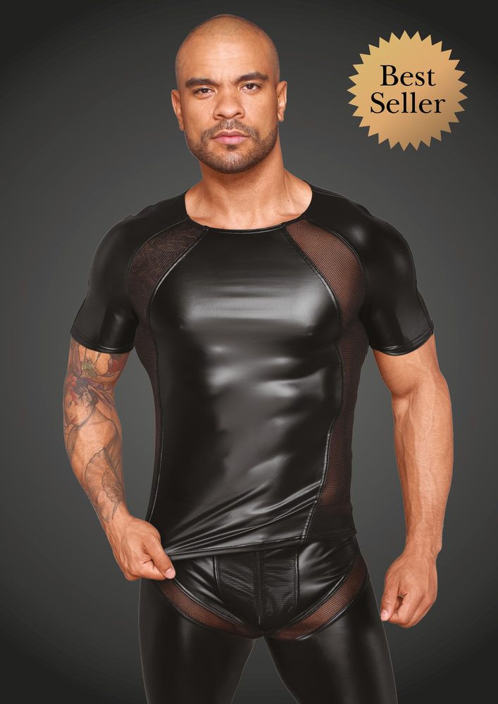 Noir Handmade H056 Mens T-Shirt Made of Powerwetlook with 3D Net Inserts - XL