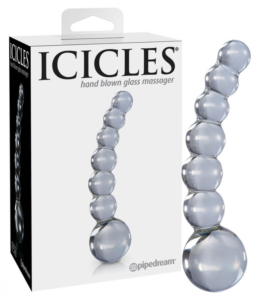 Icicles No. 66 - zakřivené, kuličkové, skleněné dildo (průhledné)