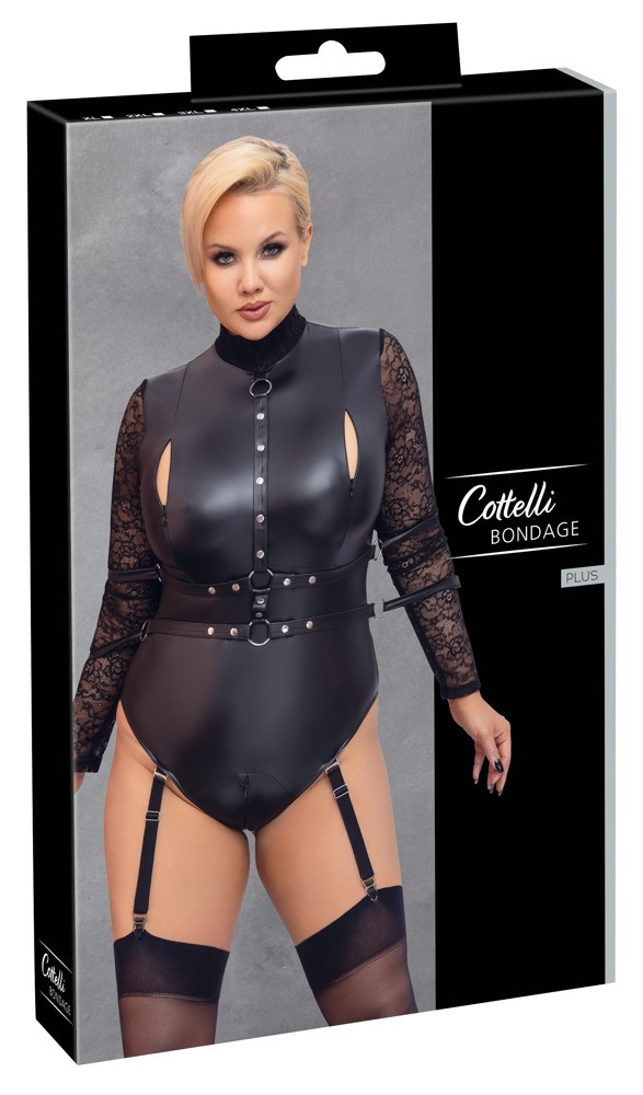 Cottelli Bondage Plus Size - krajkové body s rukávy (černé)