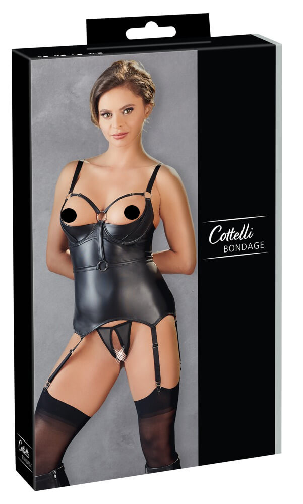 Cottelli Bondage - lesklý, zvedací top s pouty (černý) - XL