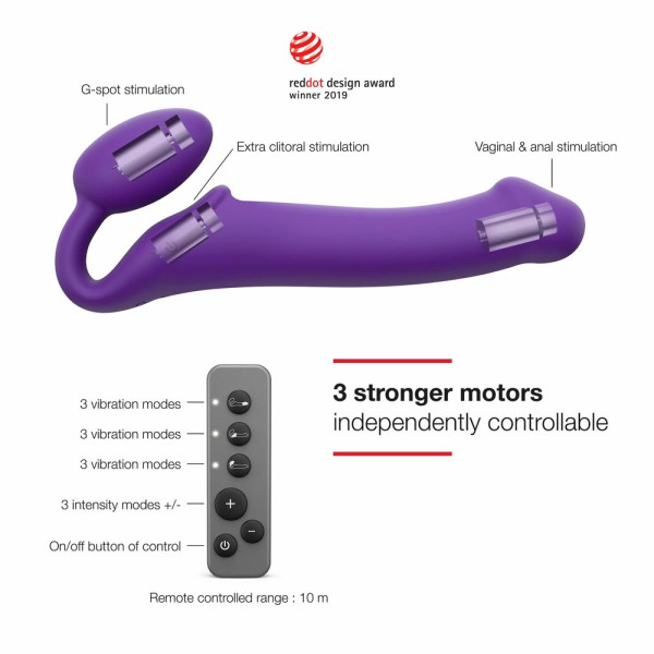 Strap-on-me 3 Motors Vibrating Silicone Bendable Strap-On Purple M