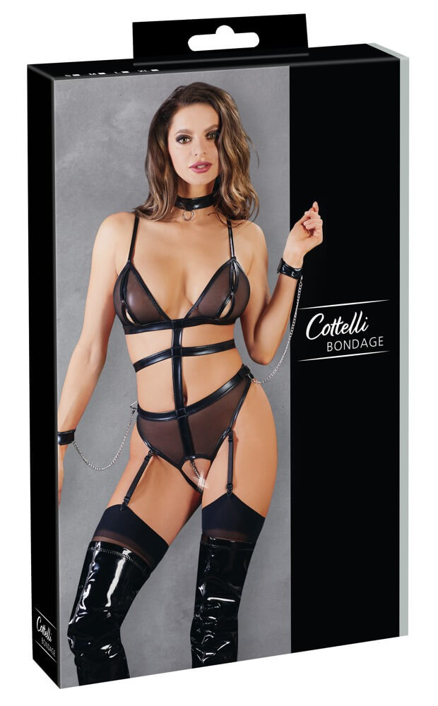 Cottelli Bondage - otevřené body s pásky a řetízky - černé