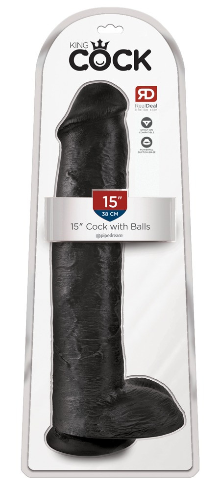 King Cock 15 - gigantické, připínací, varlatové dildo (38 cm) - černé