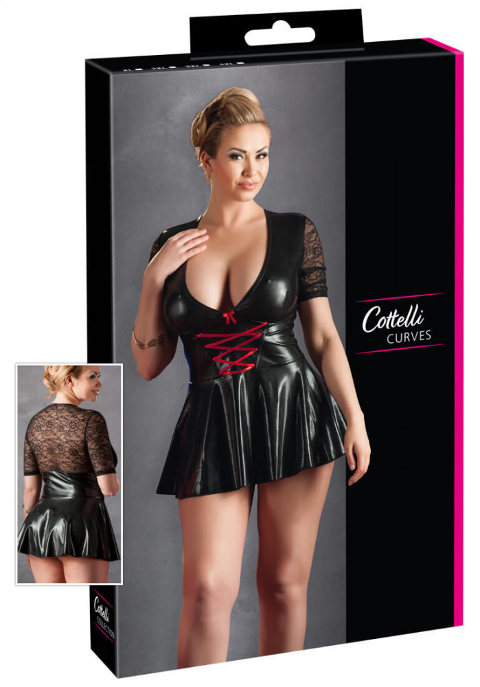 Cottelli Plus Size - lesklé šaty s červeným korzetem (černé) - XXL