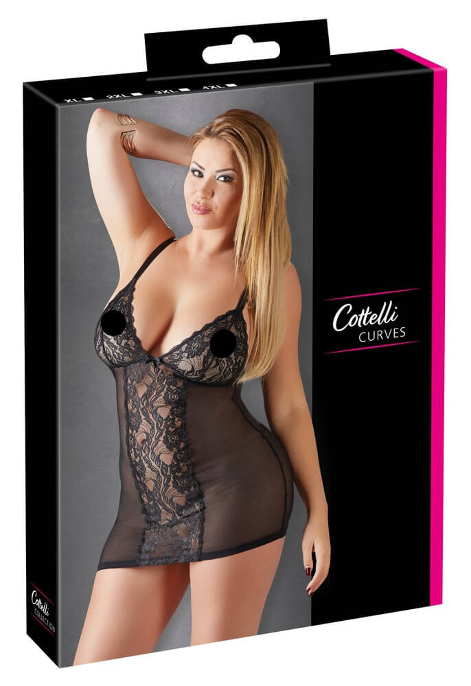 Cottelli Plus Size - krajkovaná průhledná noční košilka (černá)