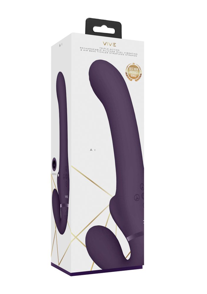 VIVE Ai Dual Vibrating & Air Wave Tickler Strapless Strapon Purple